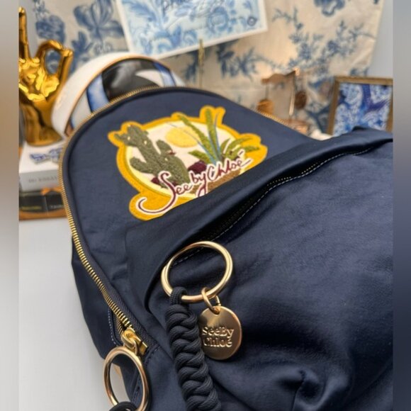 🆕 SEE BY CHLOE 🧿 NWT Cactus and Logo-Embroidered Satin Backpack in Navy - Picture 5 of 15